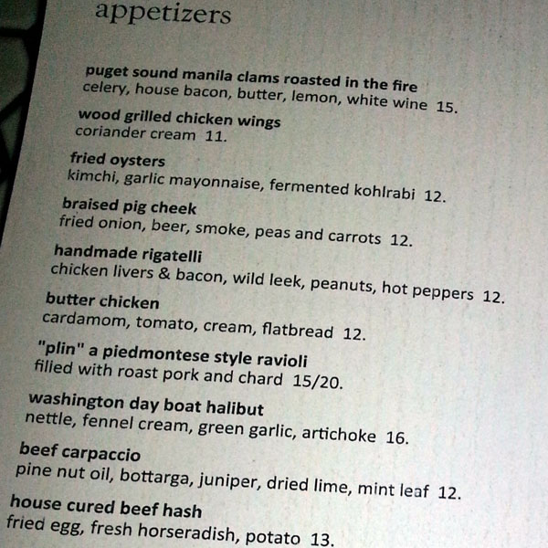 Appetizer menu at Palace Kitchen