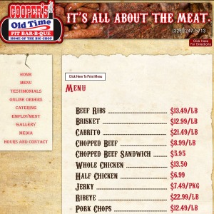 Portion of the menu from Cooper's Old Time Pit Barbeque